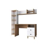 Mesa de Trabajo con Estantería y 2 Cajones, Color Blanco-Natural, 160x50x161.8 cm