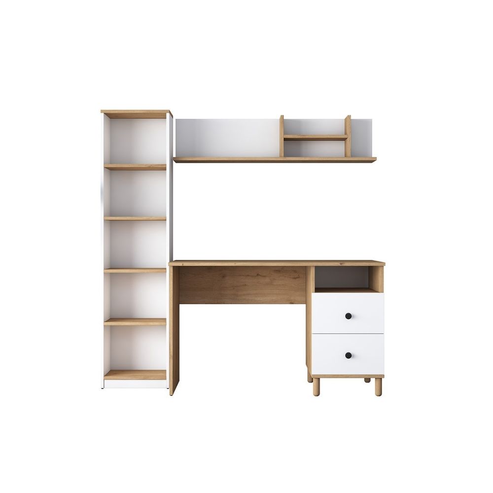 Mesa de Trabajo con Estantería y 2 Cajones, Color Blanco-Natural, 160x50x161.8 cm