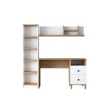 Mesa de Trabajo con Estantería y 2 Cajones, Color Blanco-Natural, 160x50x161.8 cm
