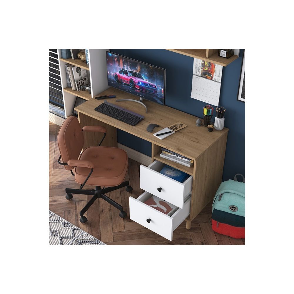 Mesa de Trabajo con Estantería y 2 Cajones, Color Blanco-Natural, 160x50x161.8 cm
