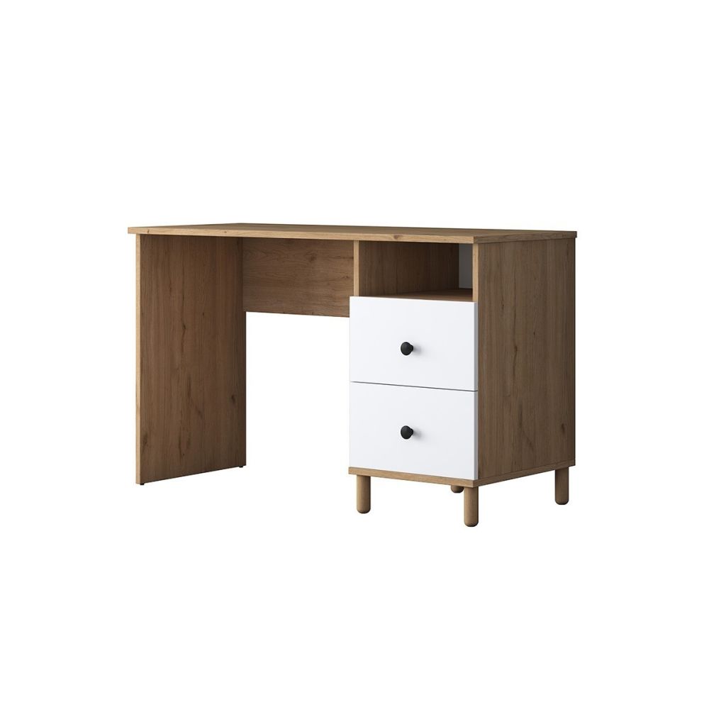 Mesa de Trabajo con Estantería y 2 Cajones, Color Blanco-Natural, 160x50x161.8 cm