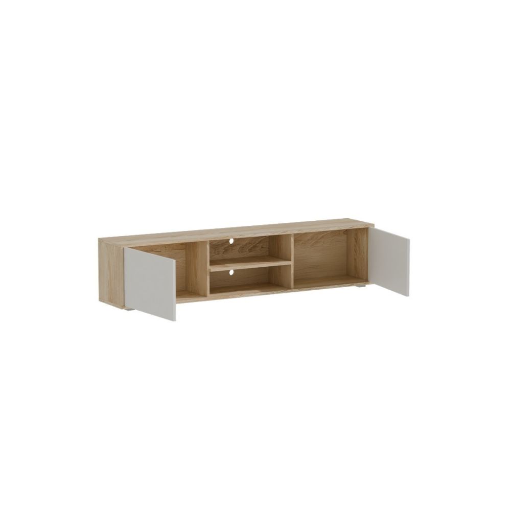 Mueble Mesa TV Melamina Blanco-Natural 180x40x41 cm - 2 Puertas y Amplio Espacio de Almacenamiento.