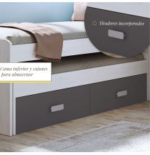 Cama Nido Juvenil Doble con Cajones de Almacenaje – Blanco Veteado y Grafito, 198.4 cm Largo x 98 cm Ancho x 72 cm Alto