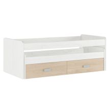 Cama Nido Juvenil Doble con Cajones de Almacenaje – Blanco Veteado y Natural, 198.4 cm Largo x 98 cm Ancho x 72 cm Alto