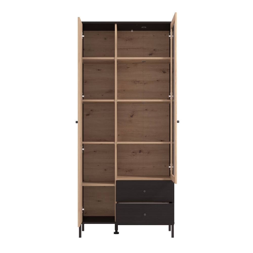 Vitrina Alta en Roble Artisan y Negro con Puerta Estrecha, Puerta Acristalada y 2 Cajones - Medidas 86,5x40x195 cm
