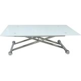 Mesa de Centro Elevable, Cristal de 8 mm y Estructura con Ruedas - Tapa Color Blanco, Mueble Moderno - Medidas 120x70x40-75 cm